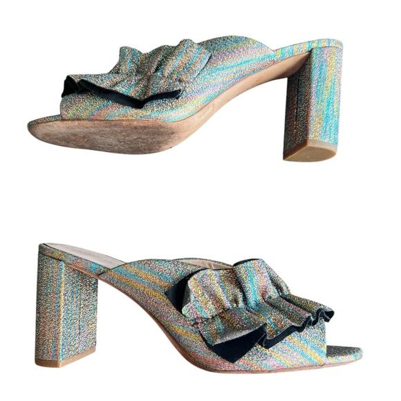 Loeffler Randall Esme Rainbow Ruffle Slide Open Toe Metallic Block Heel Sandals - Picture 6 of 12